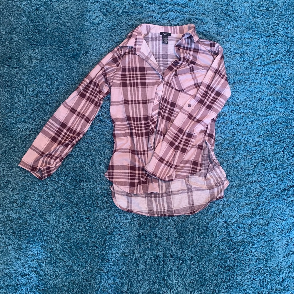 Eggplant and light purple plaid button up. Quarter sleeve. Thinner but so cute